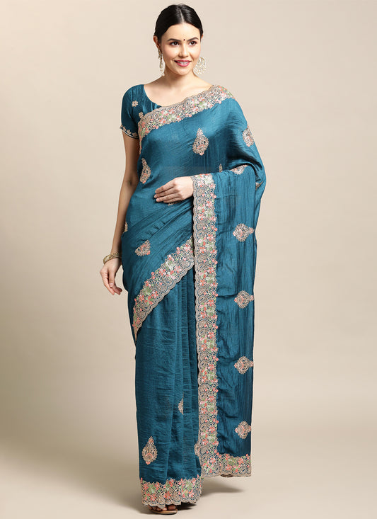 Peacock Blue Embroidered Silk Saree for Festival