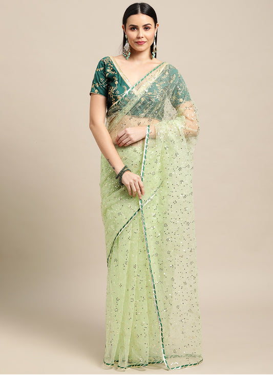 Pastel Green Sequins Embroidered Net Saree