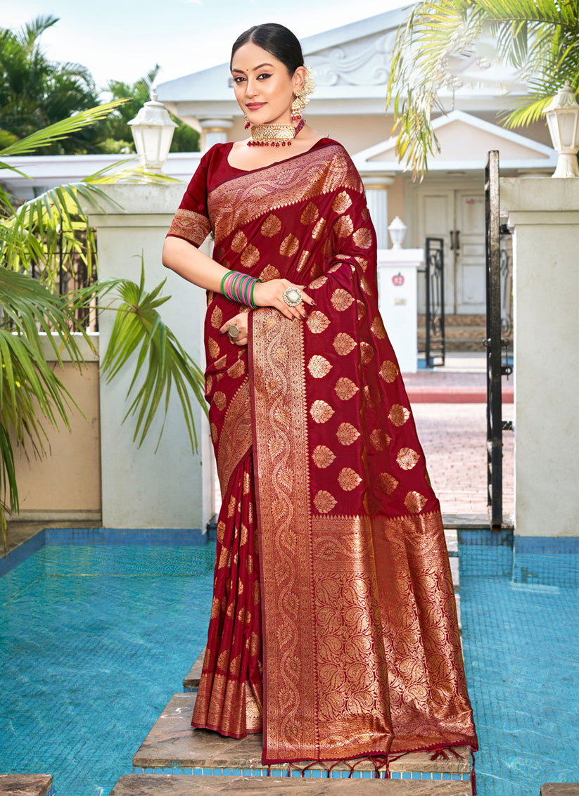 Maroon Silk Zari Woven Saree