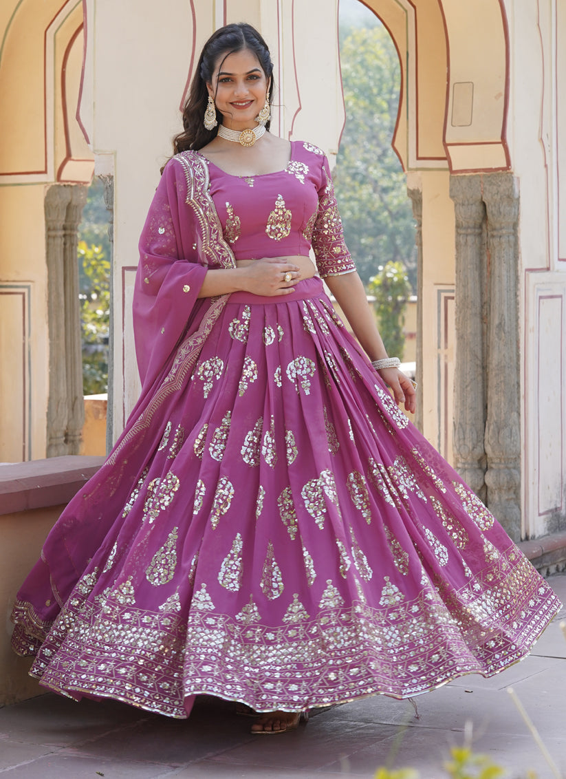 Onion Pink Faux Georgette Sequins Embroidered Lehenga Choli