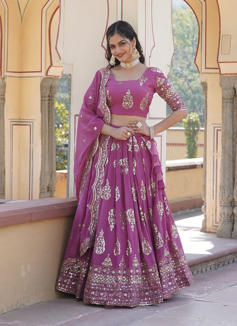 Onion Pink Faux Georgette Sequins Embroidered Lehenga Choli