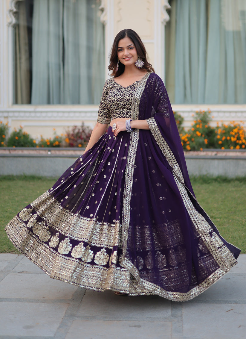 Amethyst Purple Faux Georgette Sequins Embroidered Lehenga Choli