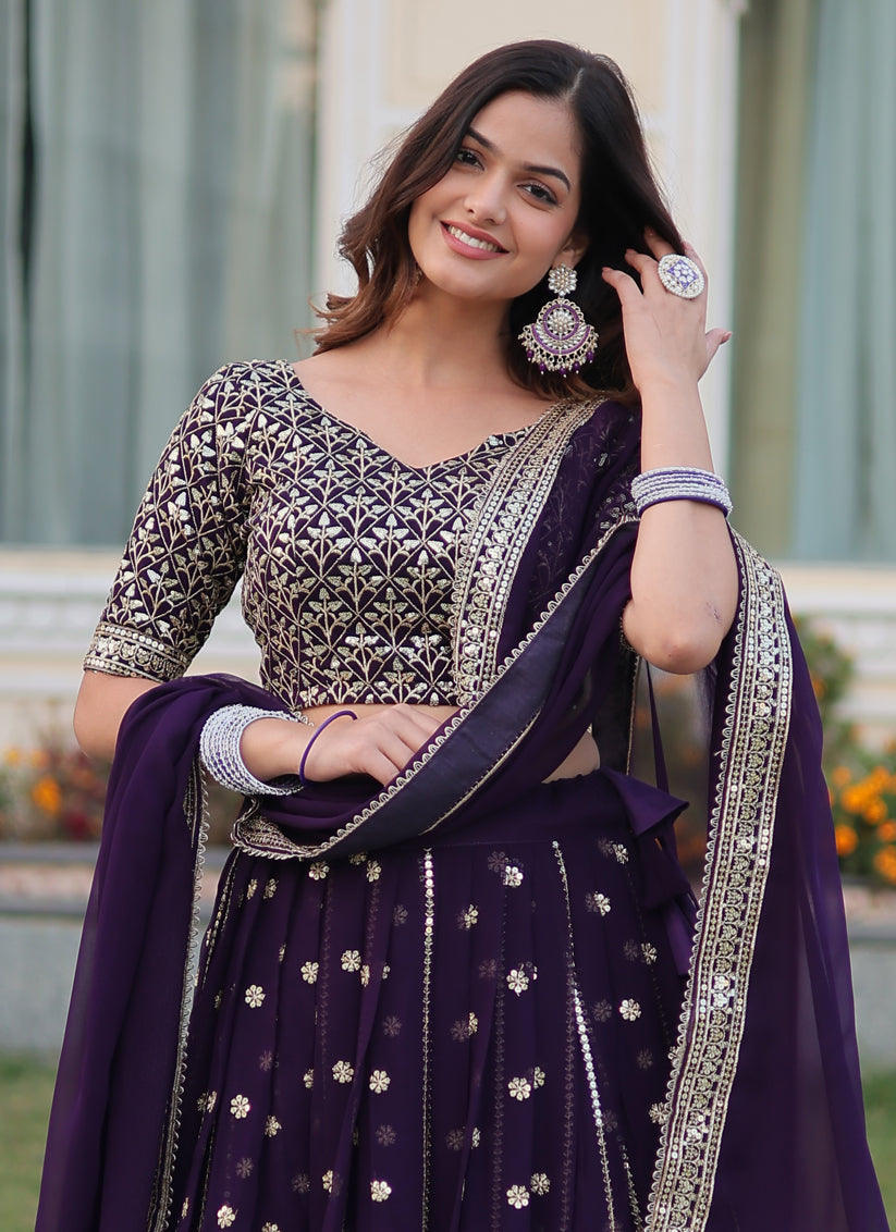 Amethyst Purple Faux Georgette Sequins Embroidered Lehenga Choli