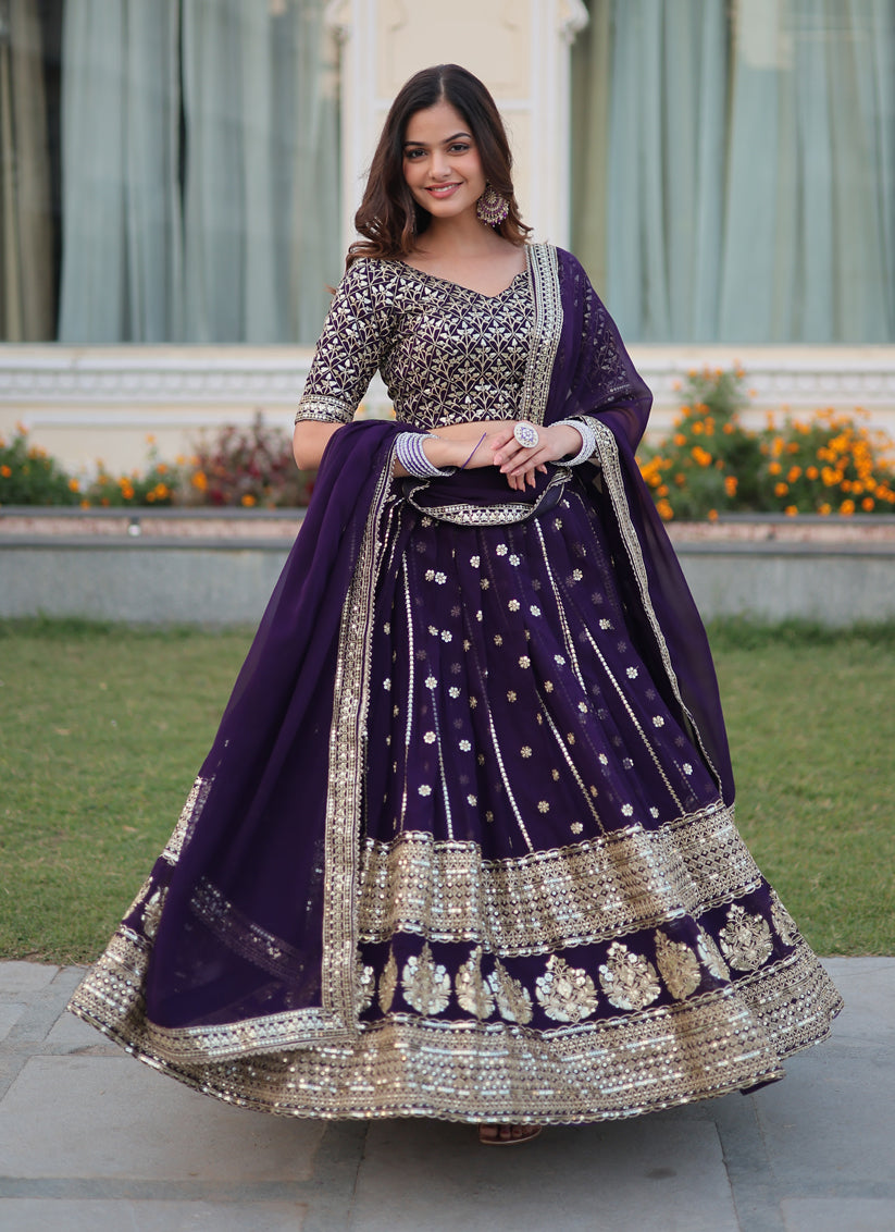 Amethyst Purple Faux Georgette Sequins Embroidered Lehenga Choli