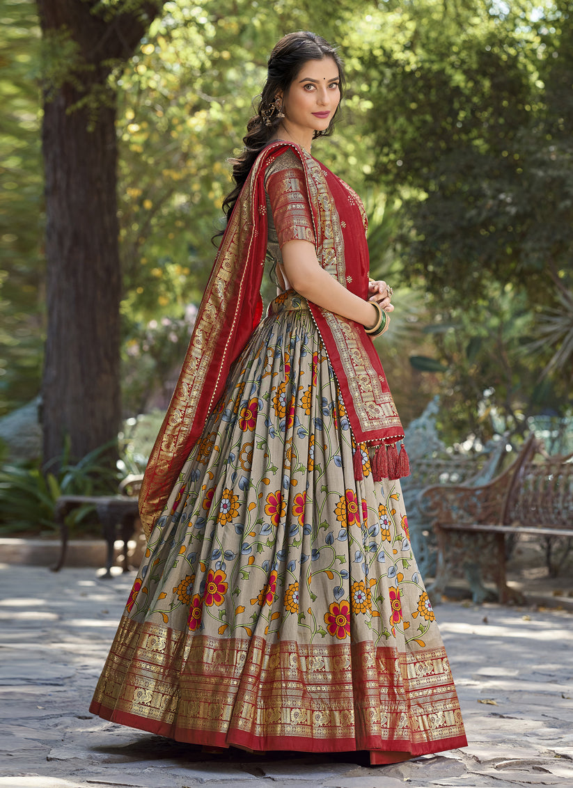 Grey Tussar Silk Floral Lehenga Choli