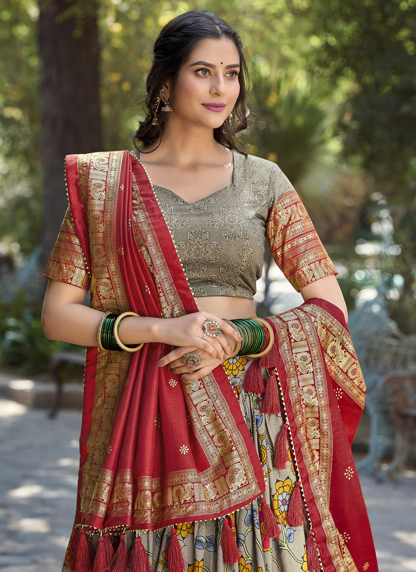 Grey Tussar Silk Floral Lehenga Choli