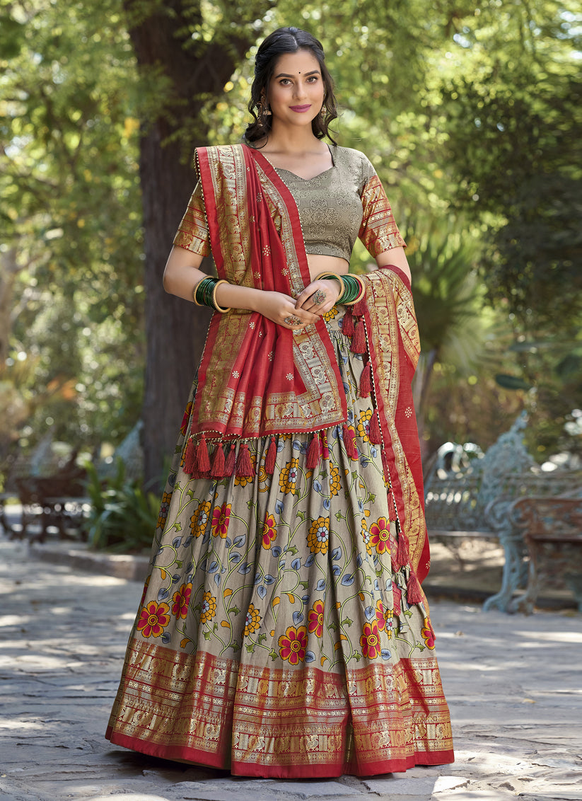 Grey Tussar Silk Floral Lehenga Choli