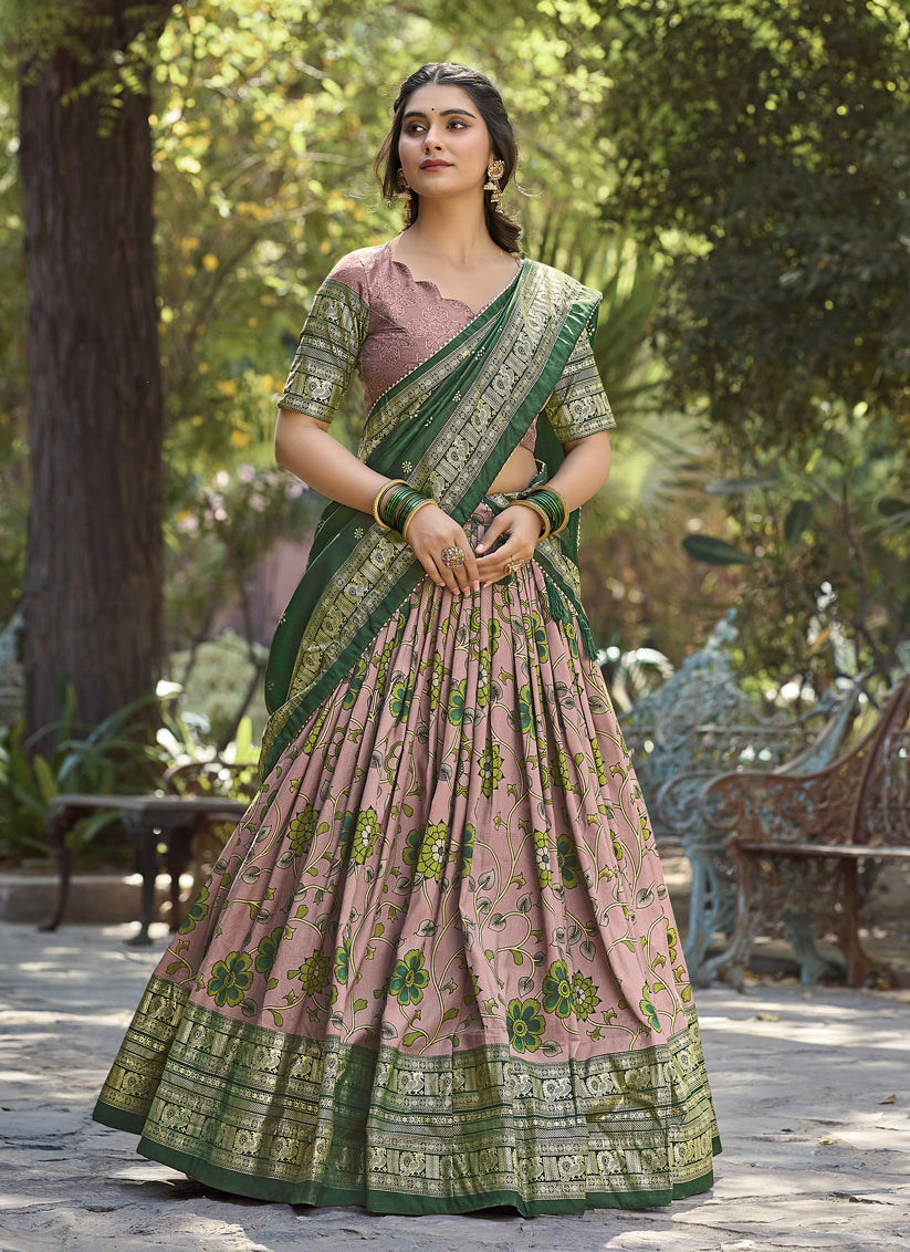 Pink Tussar Silk Floral Lehenga Choli