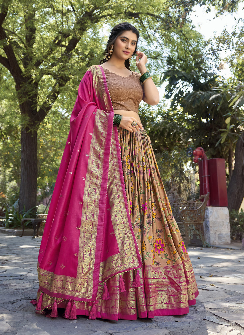 Peach Tussar Silk Lehenga Choli