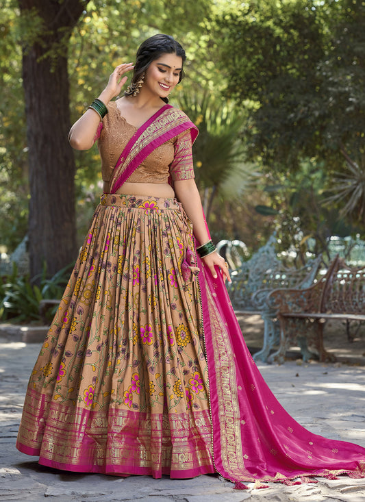 Peach Tussar Silk Lehenga Choli