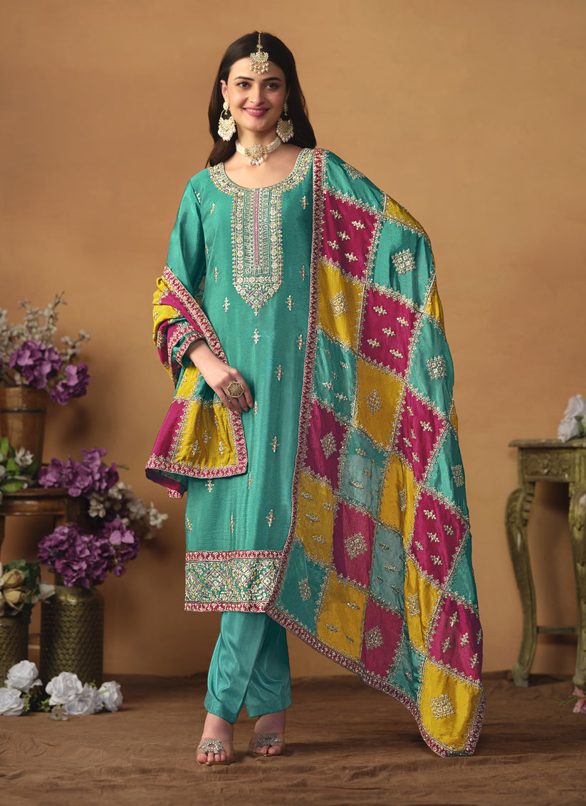 Turquoise Green Chinon Silk Embroiudered Trouser Kameez Suit