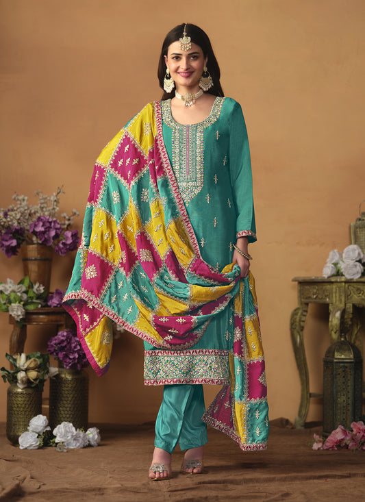 Turquoise Green Chinon Silk Embroiudered Trouser Kameez Suit