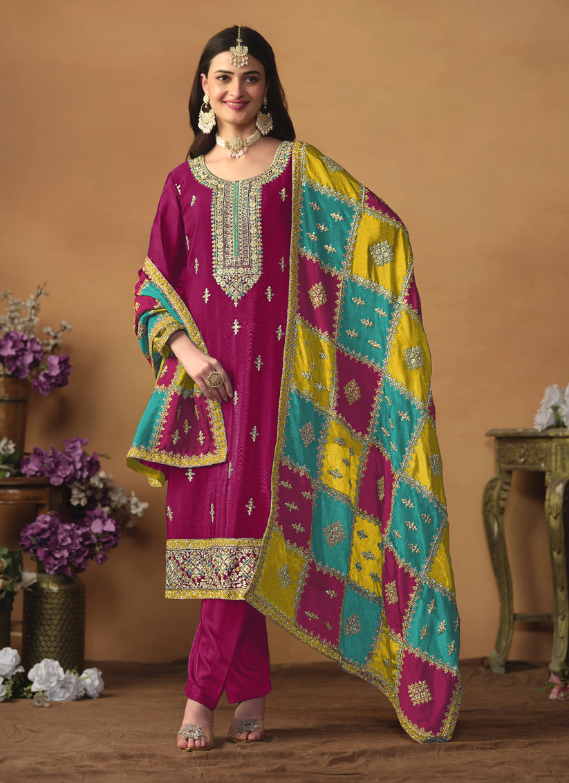 Rani Pink Chinon Silk Embroiudered Trouser Kameez Suit