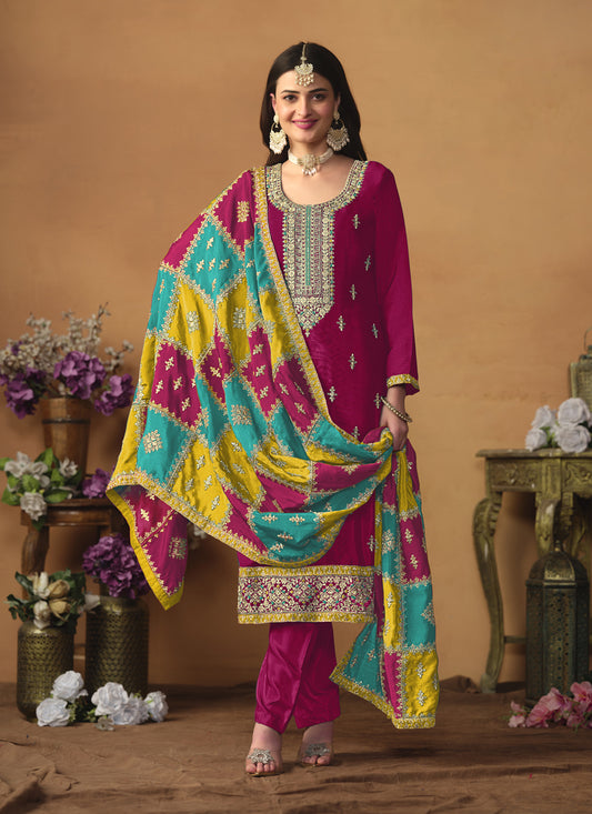 Rani Pink Chinon Silk Embroiudered Trouser Kameez Suit