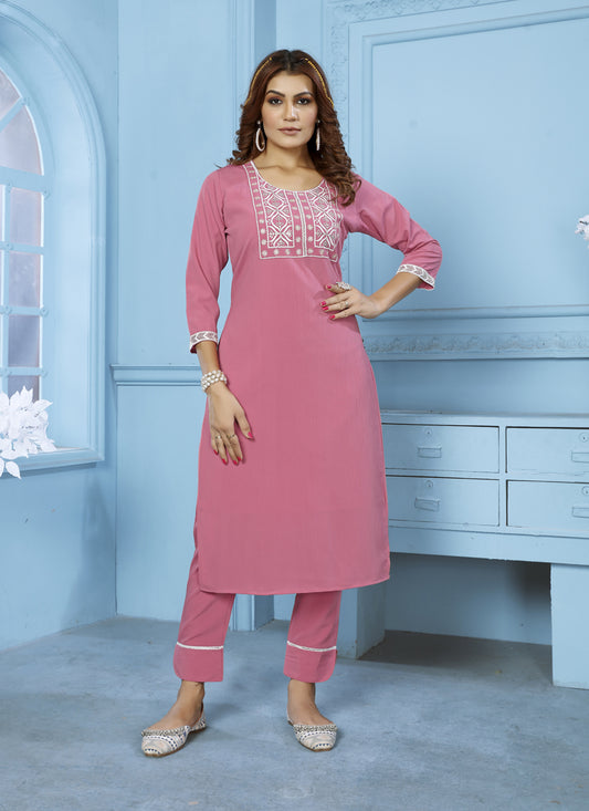 Pink Cotton Kurti With Pent