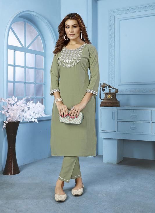 Mehndi Cotton Kurti With Pent