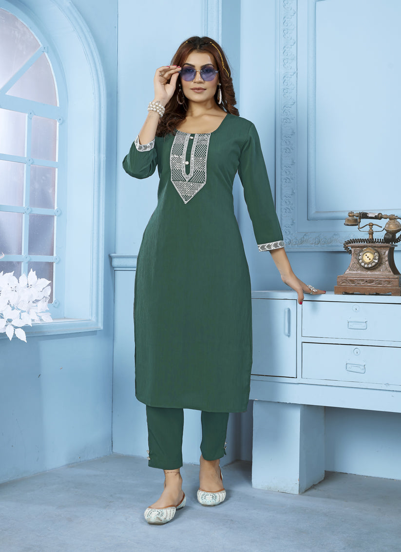 Green Cotton Kurti With Pent