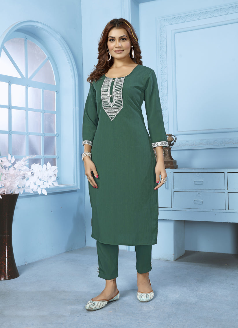 Green Cotton Kurti With Pent