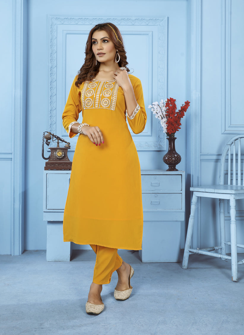 Yellow Cotton Kurti With Pent