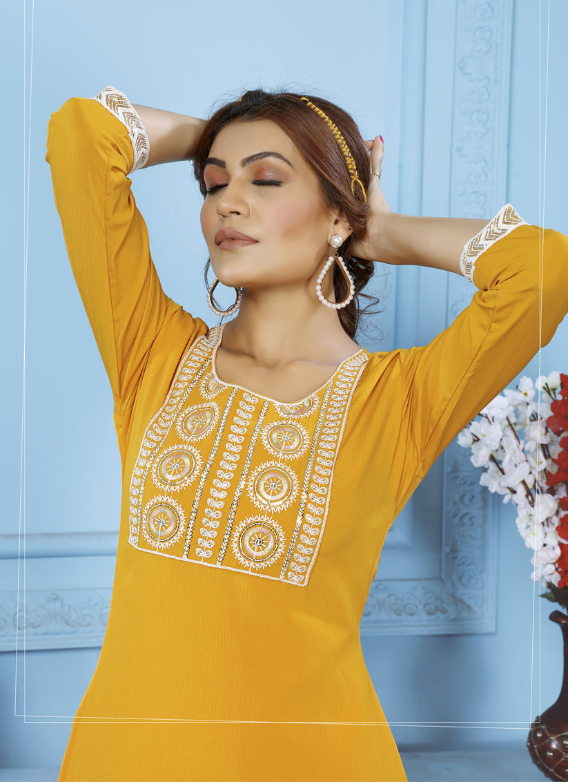 Yellow Cotton Kurti With Pent