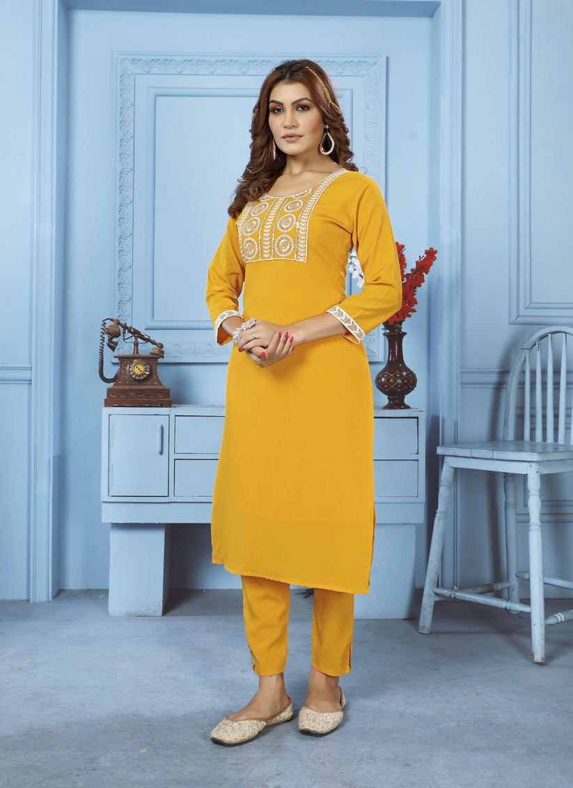 Yellow Cotton Kurti With Pent