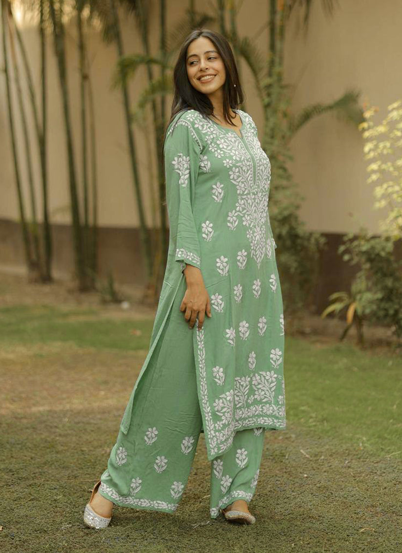 Mint Green Rayon Chikankari Embroidered Kurta Set