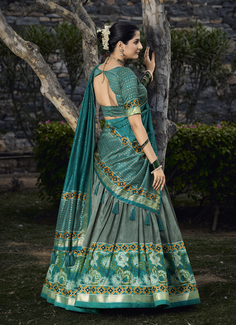 Moss Green Tussar Silk Lehenga Choli