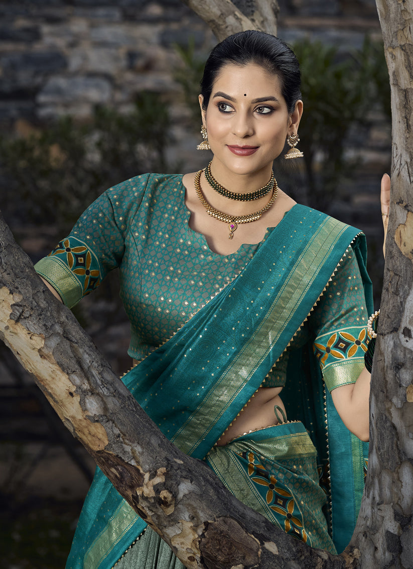 Moss Green Tussar Silk Lehenga Choli