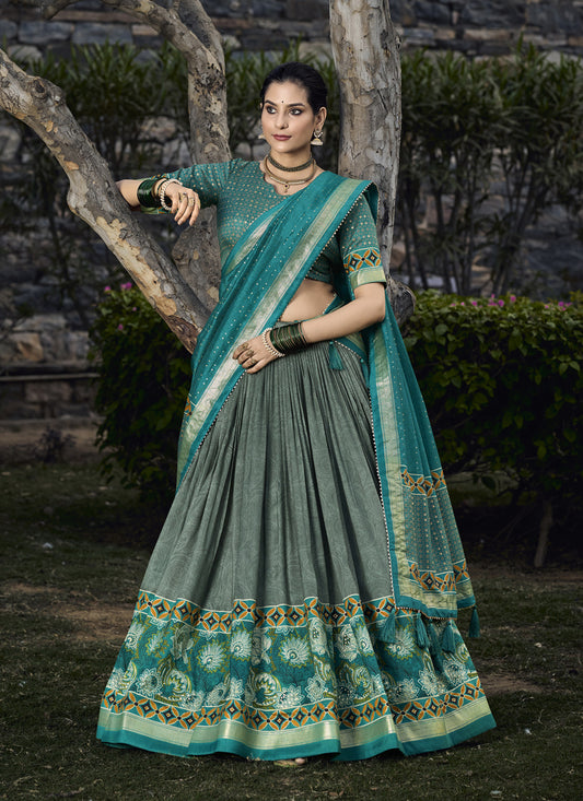 Moss Green Tussar Silk Lehenga Choli