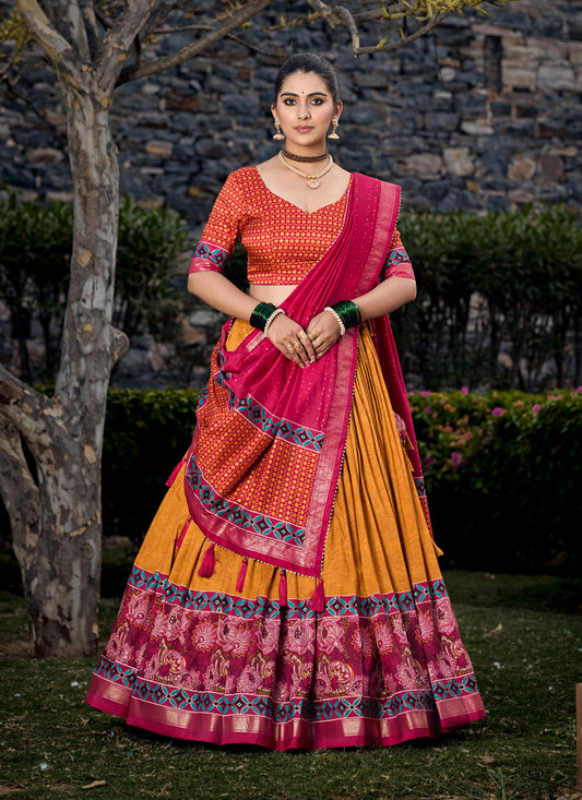 Mustard Tussar Silk Lehenga Choli