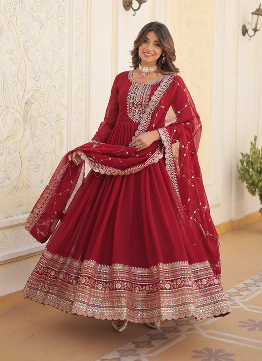Maroon Faux Georgette Embroidered Gown with Dupatta