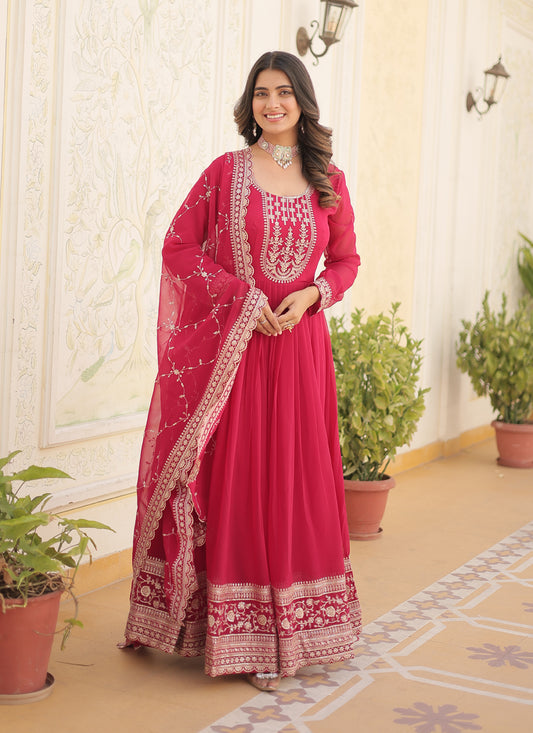 Rani Pink Faux Georgette Embroidered Gown with Dupatta