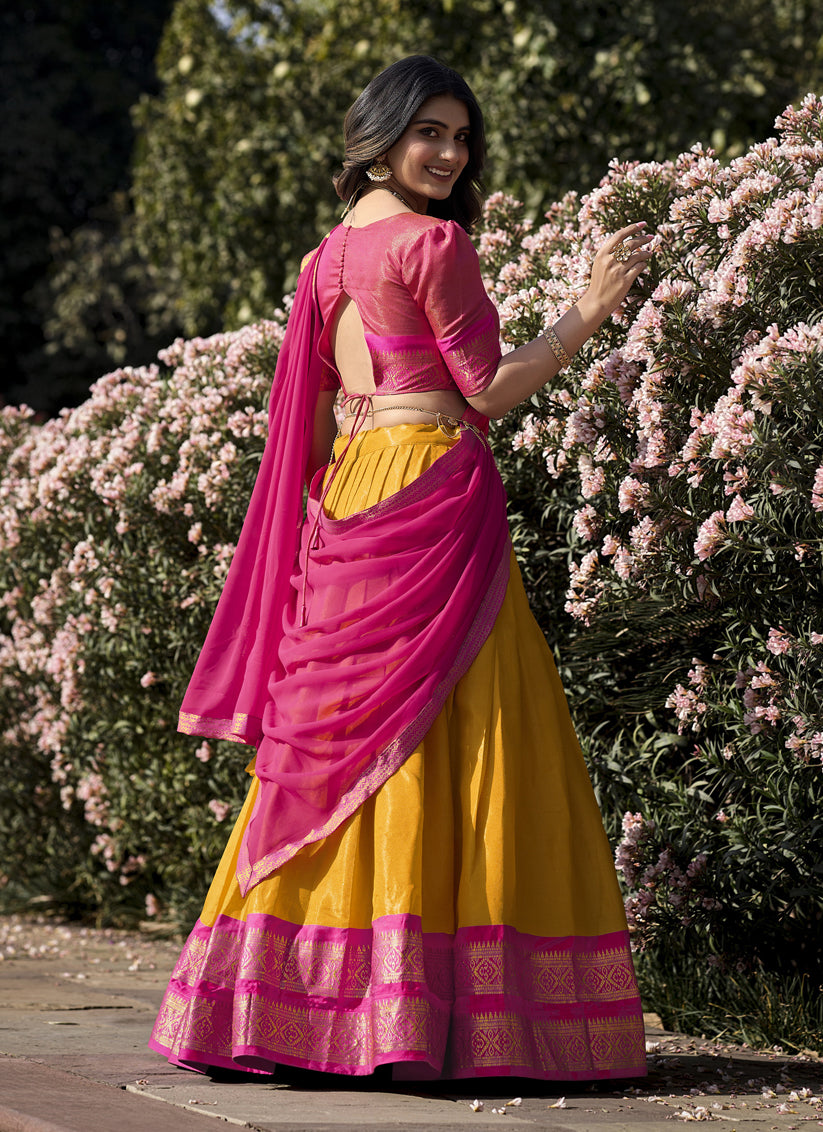 Golden Yellow Zari Woven Kanchipuram Silk Lehenga Choli