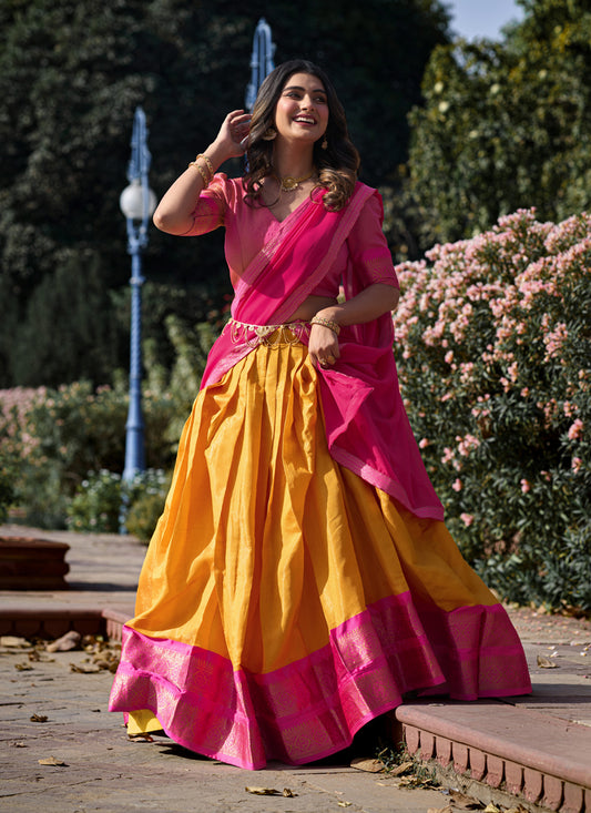 Golden Yellow Zari Woven Kanchipuram Silk Lehenga Choli