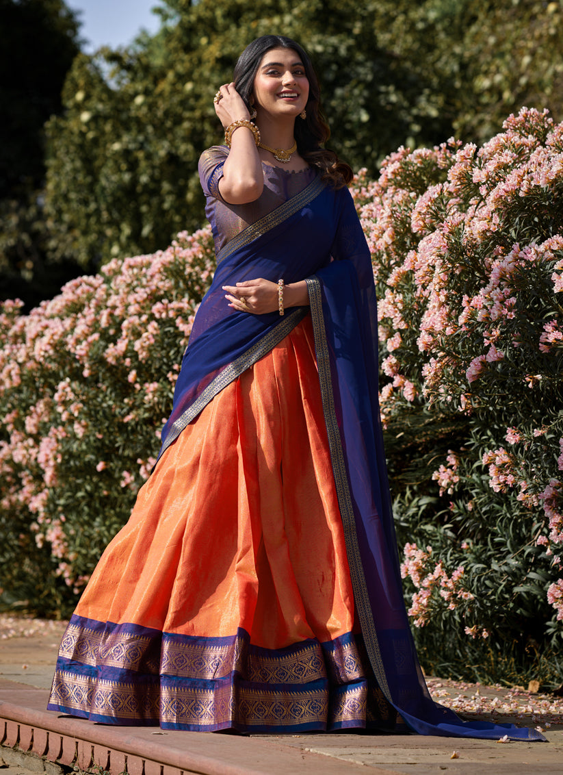 Salmon Orange Zari Woven Kanchipuram Silk Lehenga Choli