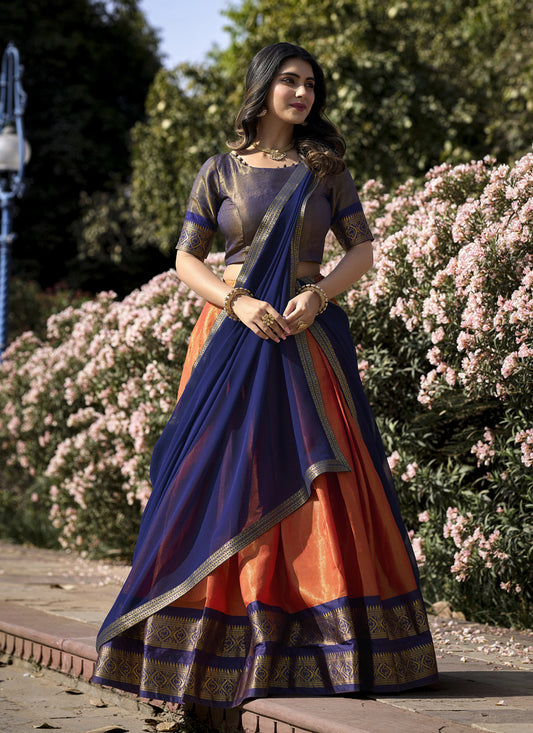 Salmon Orange Zari Woven Kanchipuram Silk Lehenga Choli