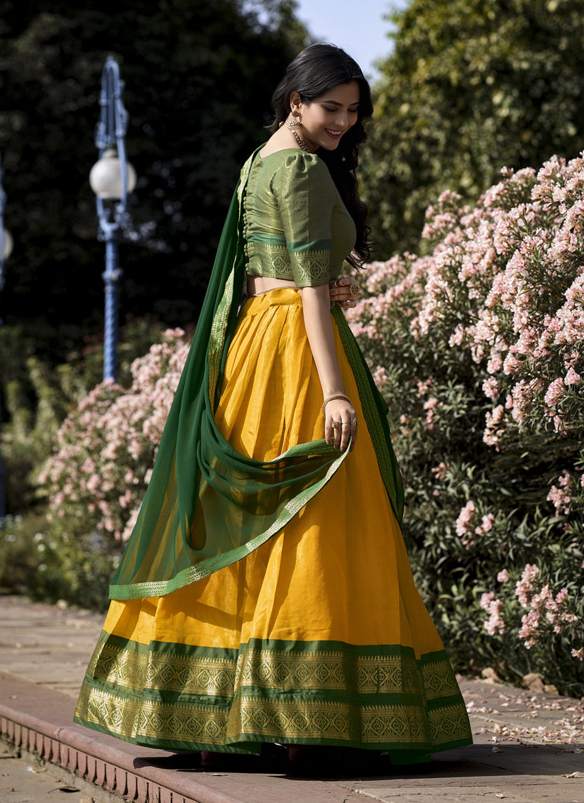 Sunny Yellow Zari Woven Kanchipuram Silk Lehenga Choli