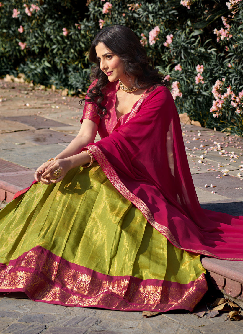 Parrot Green Zari Woven Kanchipuram Silk Lehenga Choli