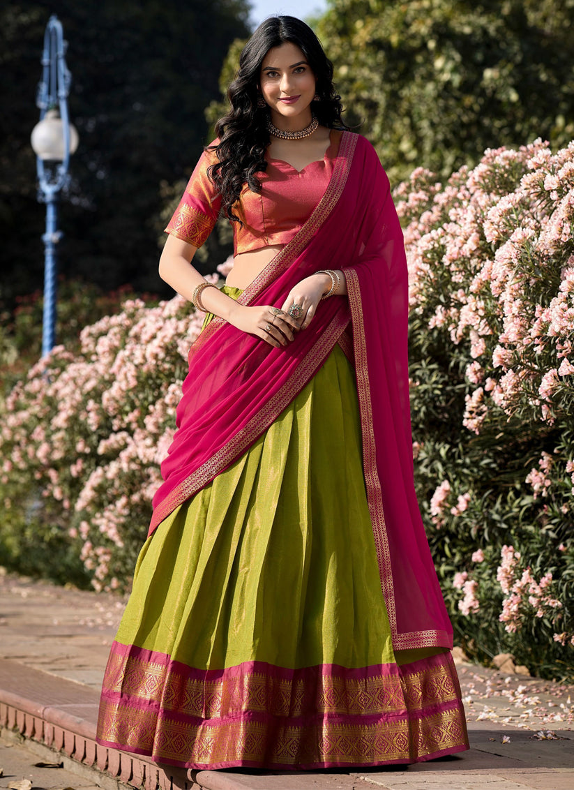 Parrot Green Zari Woven Kanchipuram Silk Lehenga Choli