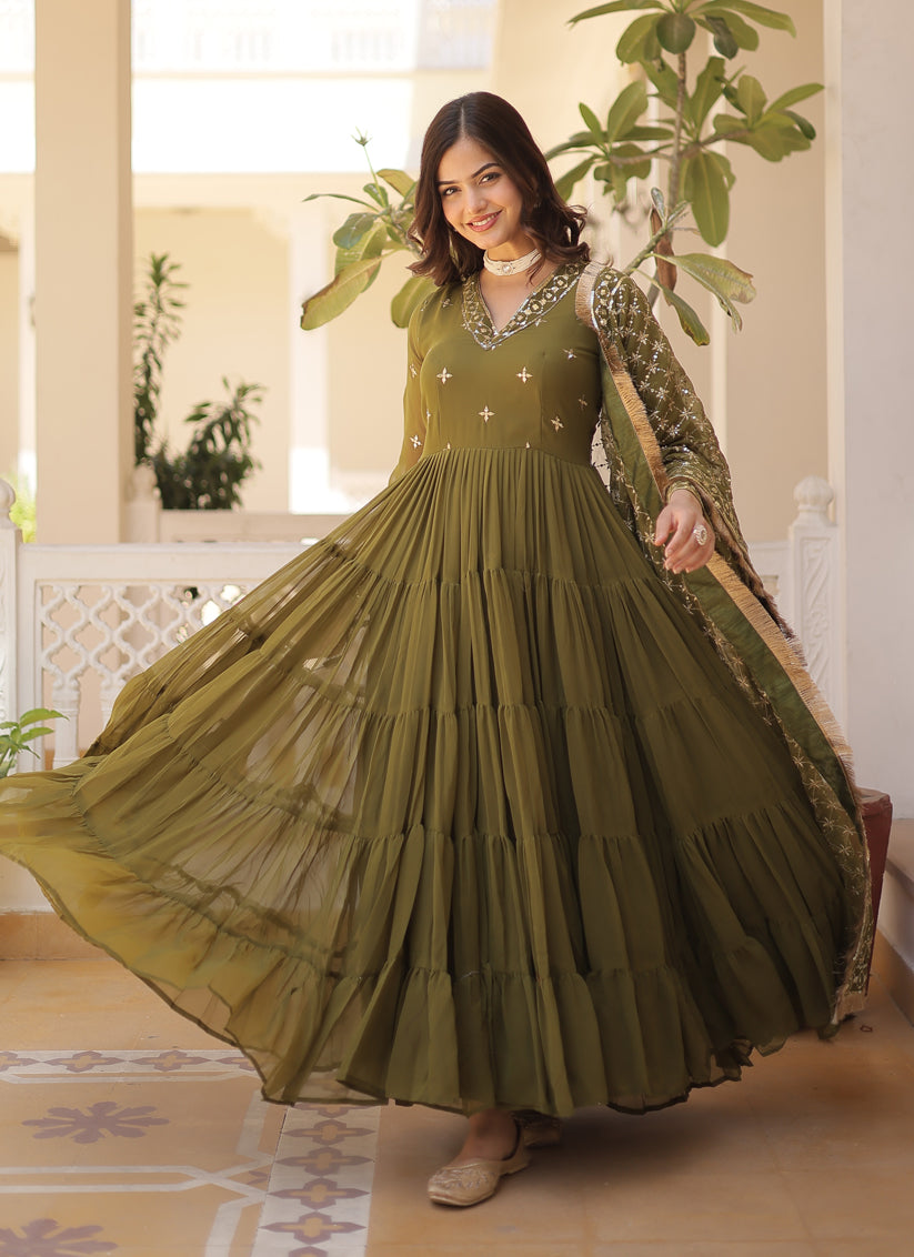 Mehendi Green Faux Georgette Anarkali Gown with Dupatta