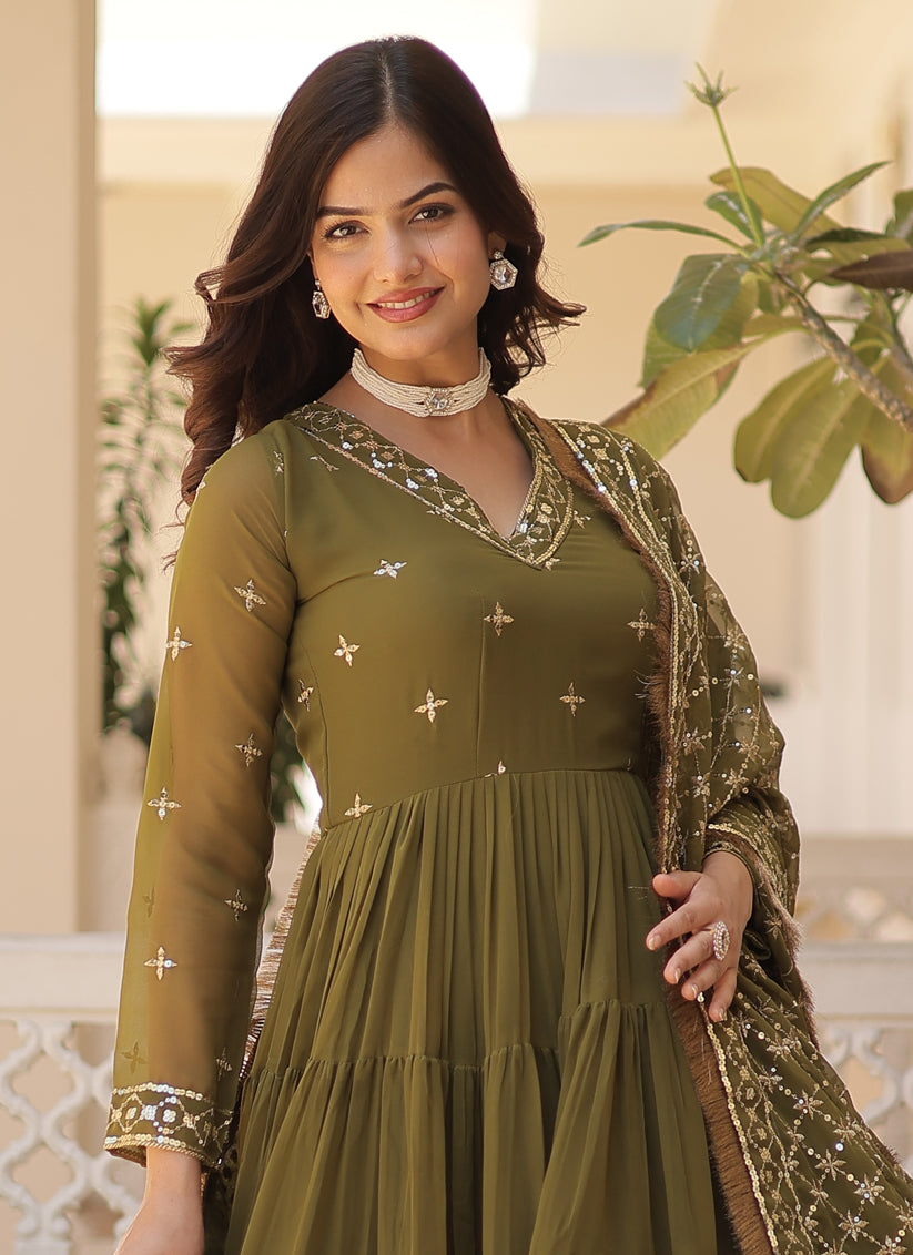 Mehendi Green Faux Georgette Anarkali Gown with Dupatta