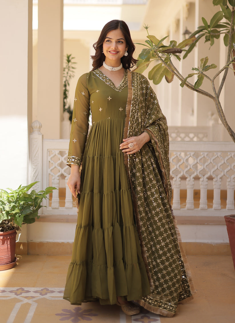 Mehendi Green Faux Georgette Anarkali Gown with Dupatta