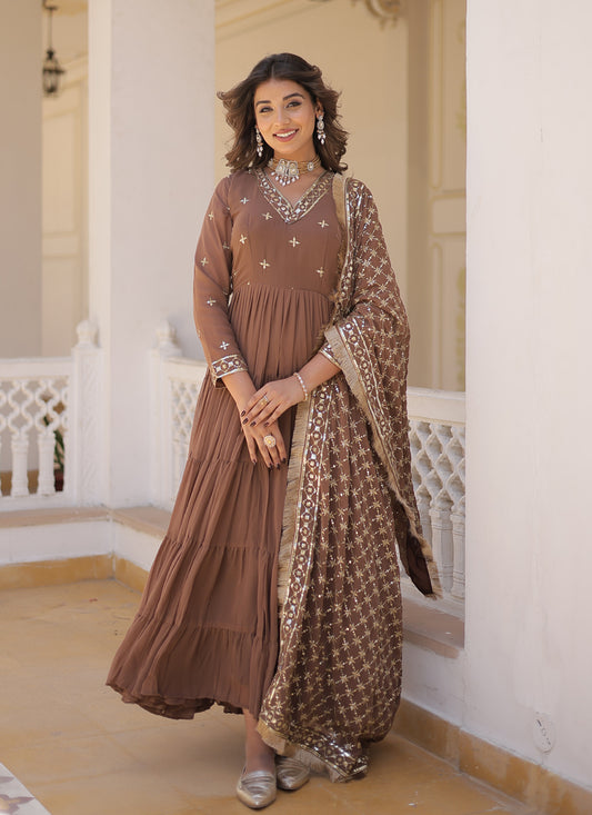 Snuff Brown Faux Georgette Anarkali Gown with Dupatta