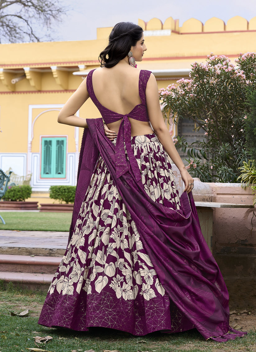 Wine Tussar Silk Printed Lehenga Choli Set