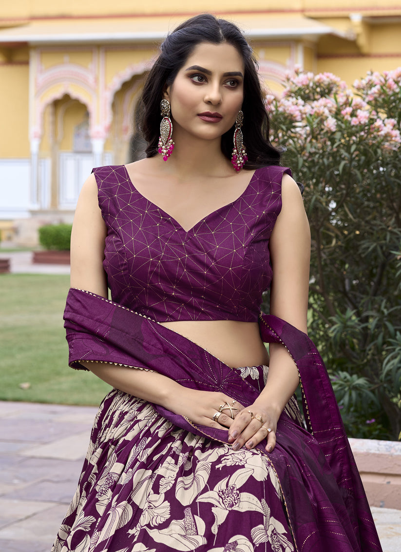 Wine Tussar Silk Printed Lehenga Choli Set