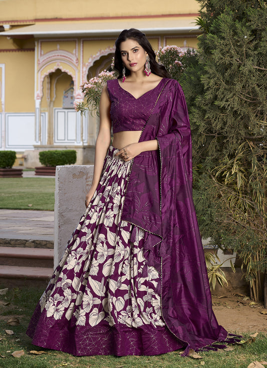 Wine Tussar Silk Printed Lehenga Choli Set