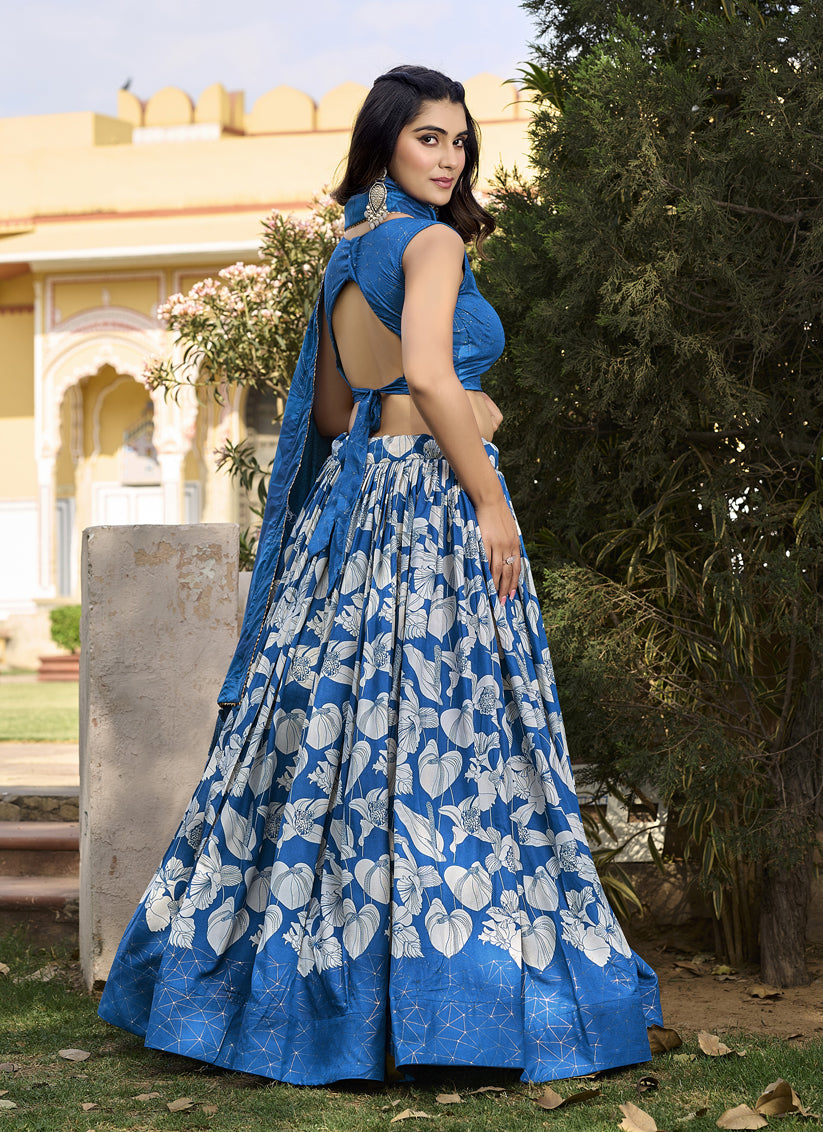 Royal Blue Tussar Silk Printed Lehenga Choli Set