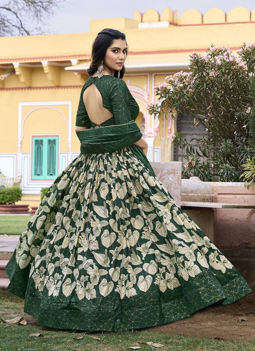 Green Tussar Silk Printed Lehenga Choli Set