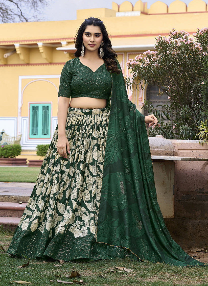 Green Tussar Silk Printed Lehenga Choli Set