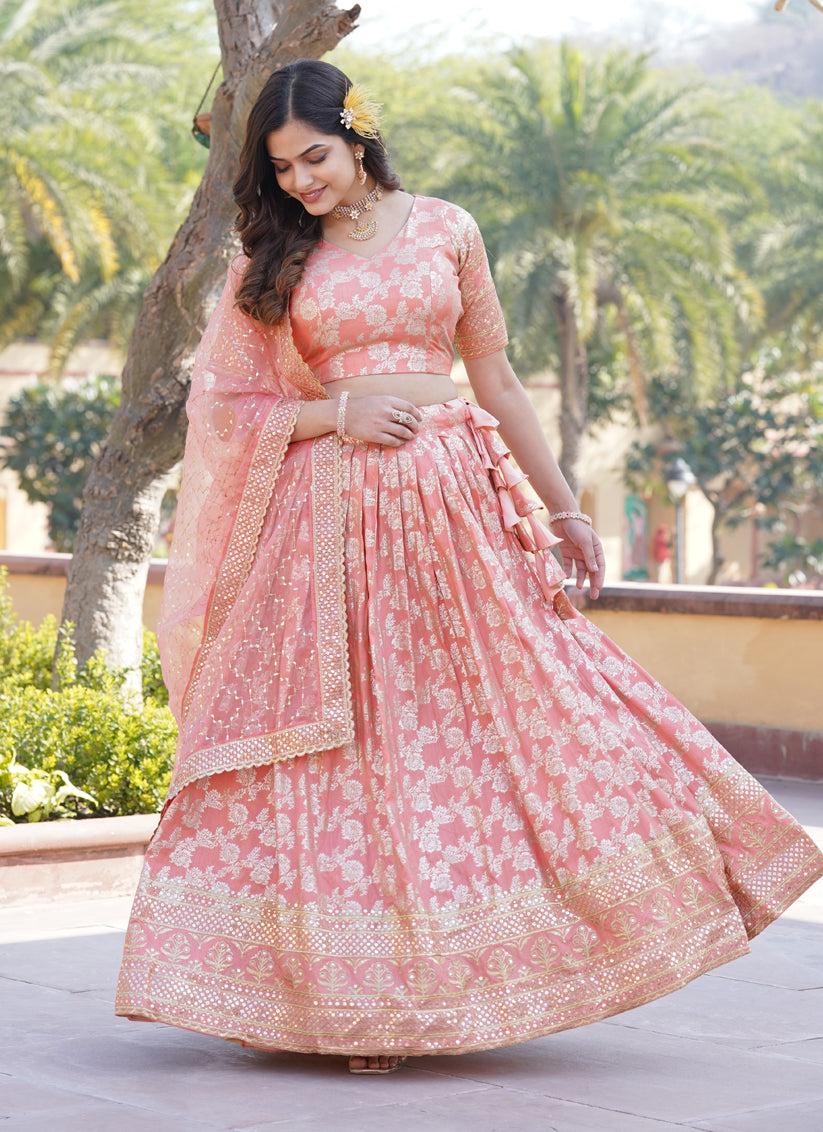 Peach Pure Viscose Jacquard Lehenga Choli